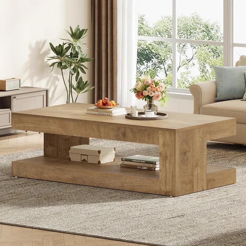 Tribesigns Coffee Table for Living Room, 47.24 Inch Farmhouse 2-Tier Accent Center Tea Cocktail Table with Storage, Wood Color, Rectangle