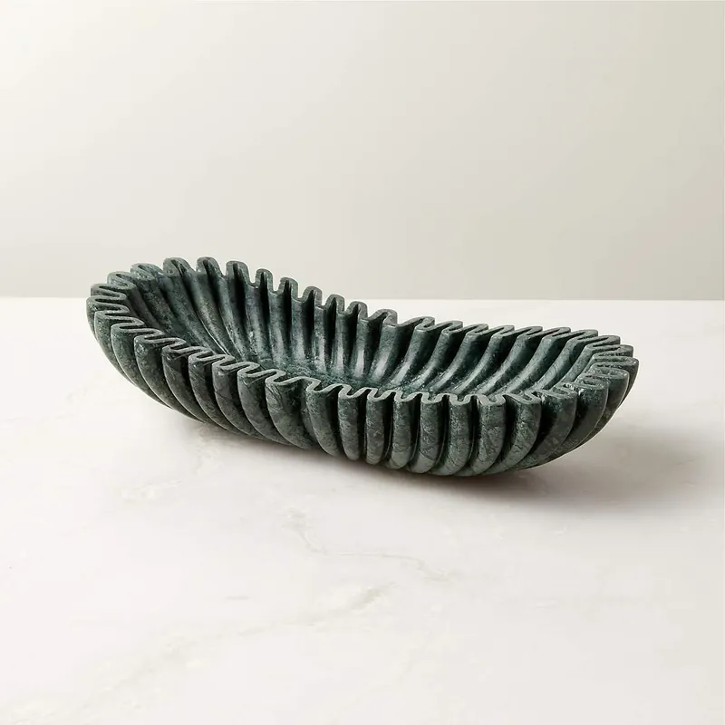 Handmade Oval Fluted Marble Bowl, Table Centerpiece Decorative Marble Bowl, Green Large Ruffle Bowls for Table Centerpiece