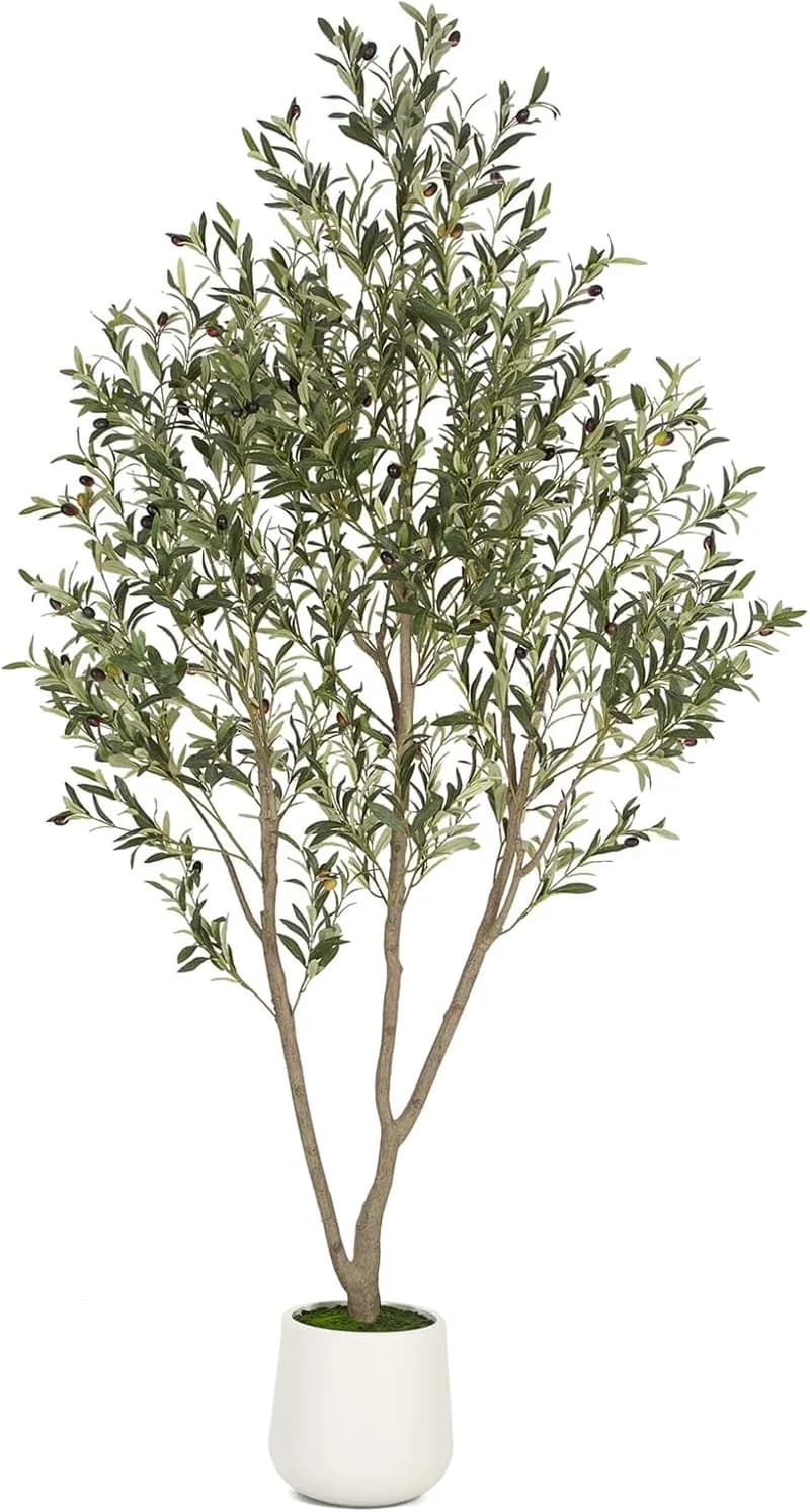 VIVATREES Olive Trees Artificial Indoor, 7FT Tall Faux Olive Tree with White Tall Planter, Artificial Plants with Natural Wood Trunk and Lif