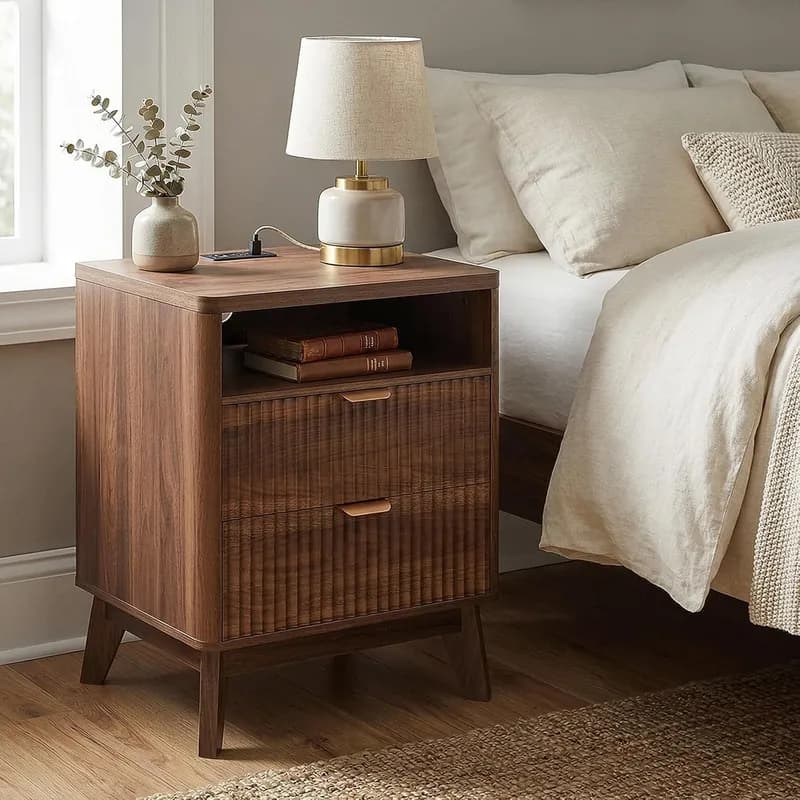 LYNCOHOME Fluted Nightstand with Charging Station, 19.7 inch Wide End Table with 2 Drawers, Modern Wood Bedside Table for Bedroom,Brown,1 Pc