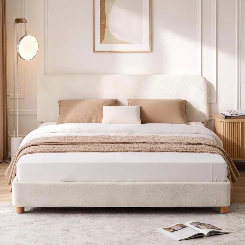 Queen Size Cloud Bed Frame, Soft Boucle Bed Frame with Adjustable Headboard, Solid Wood Legs, Rounded Corners Design & Easy Assembly – M