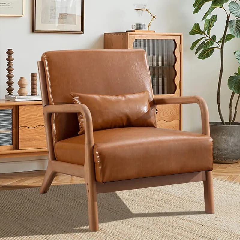 INZOY Mid Century Modern Accent Chair with Wood Frame, PU Leather Reading Armchair with Waist Cushion, Upholstered Living Room Chairs for Be