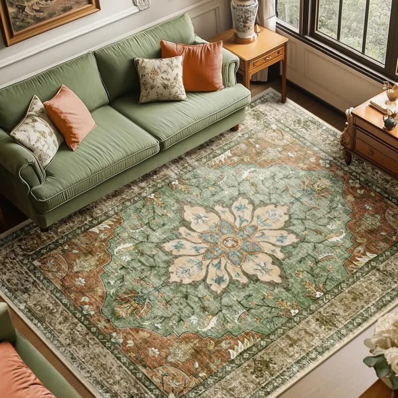 RELEANY Area Rugs 8'x10' Washable Non-Slip, Floral Vintage Distress Medallion Carpet for Living Room Bedroom Dining Room, Terracotta Burnt O
