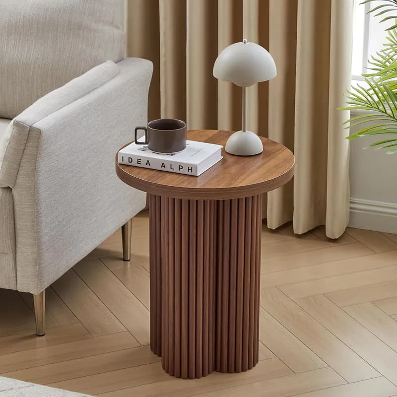 Round Fluted End Table, 17.7'' Mid Century Modern Side Table, Circle Bedside Tables Drink Table Wood Nightstand for Small Spaces, Living Roo