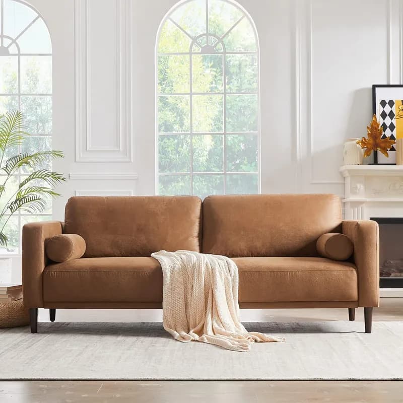 HIFIT 79" Sofa Couches for Living Room Mid-Century Modern Decor Faux Leather Couch with Deep Seat&Cloud Cushions&2 Pillow, 3 Seater