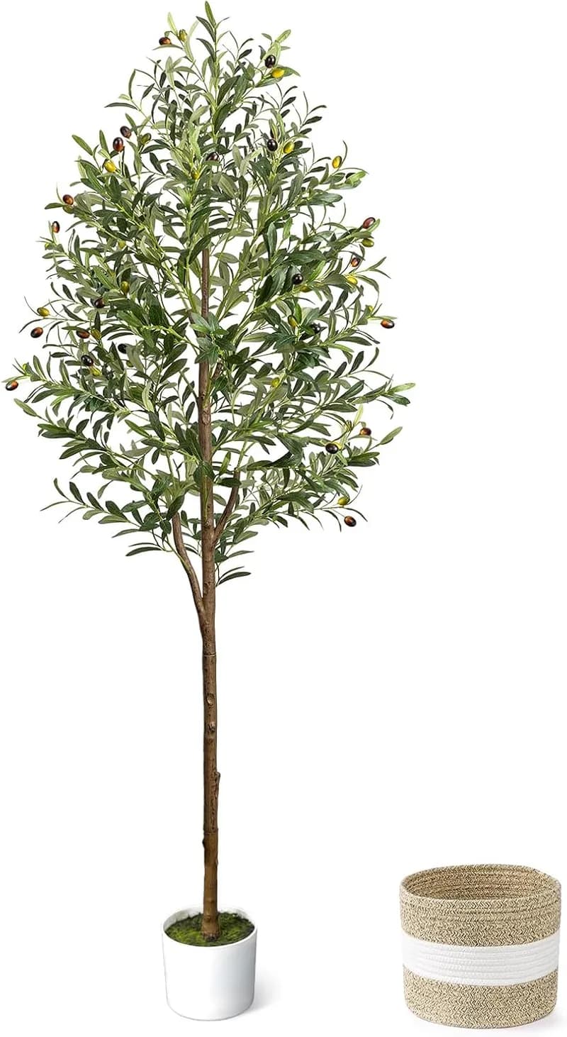 6FT Artificial Olive Tree - Indoor Tall Faux Olive Trees with Planter&Basket, Large Fake Olive Silk Tree Realistic Olive Plants with Bra