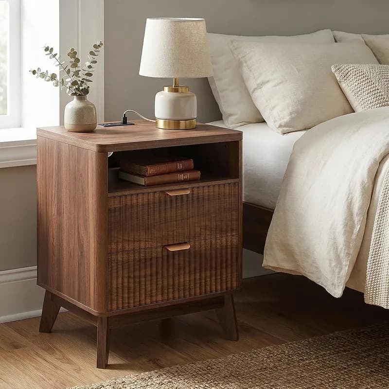 LYNCOHOME Fluted Nightstand with Charging Station, 19.7 inch Wide End Table with 2 Drawers, Modern Wood Bedside Table for Bedroom,Brown,1 Pc